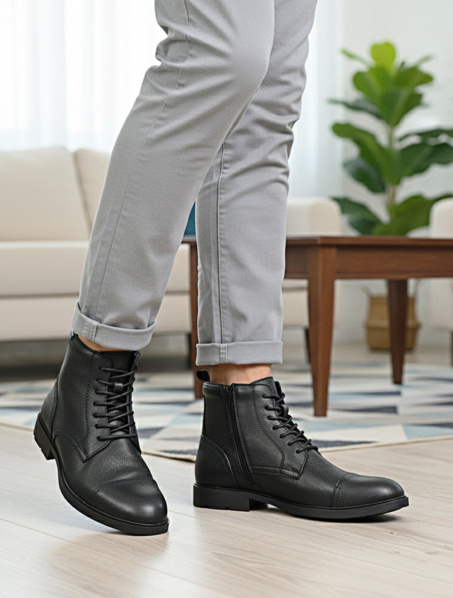 EZRO Men Black Ankle Boots | Stylish Lace-Up Boots with Side Zip