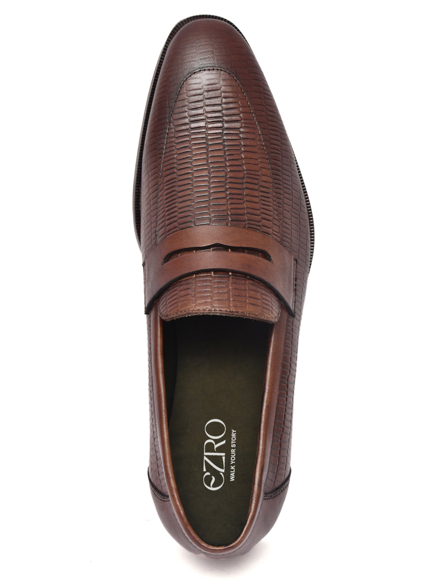 EZRO Men Premium Brown Textured Leather Penny Loafers | Slip-On Formal Dress Shoes
