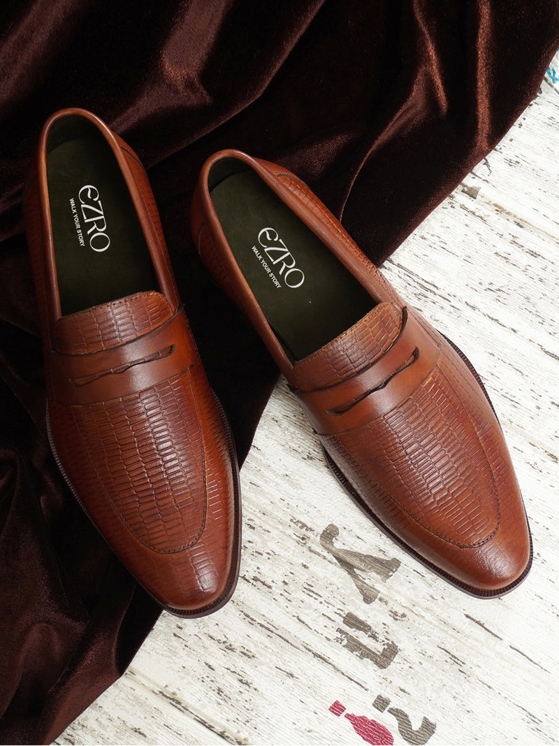 EZRO Men Premium Tan Textured Leather Penny Loafers | Slip-On Formal Dress Shoes
