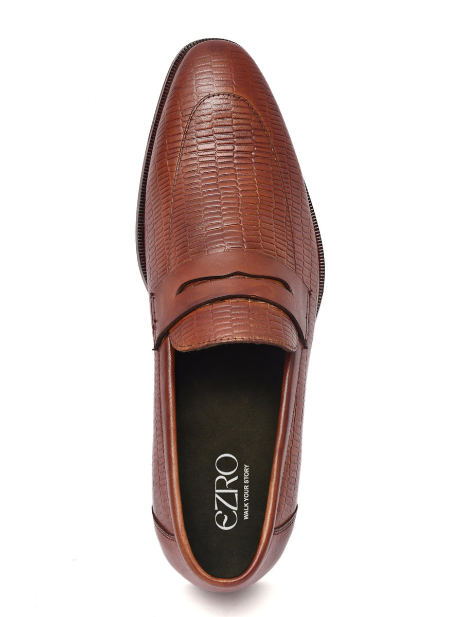 EZRO Men Premium Tan Textured Leather Penny Loafers | Slip-On Formal Dress Shoes