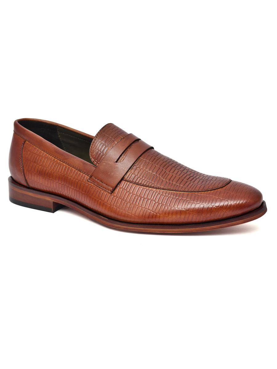 EZRO Men Premium Tan Textured Leather Penny Loafers | Slip-On Formal Dress Shoes