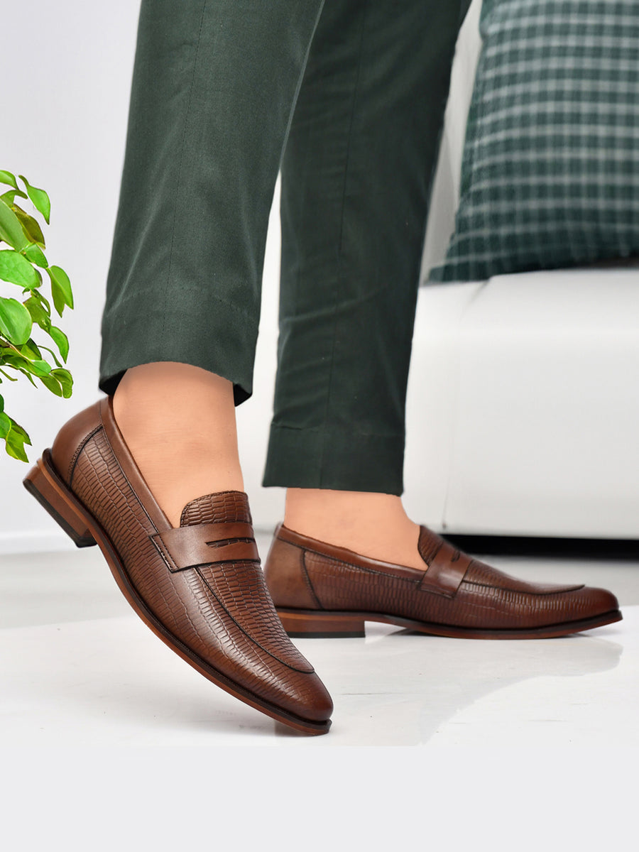 EZRO Men Premium Brown Textured Leather Penny Loafers | Slip-On Formal Dress Shoes