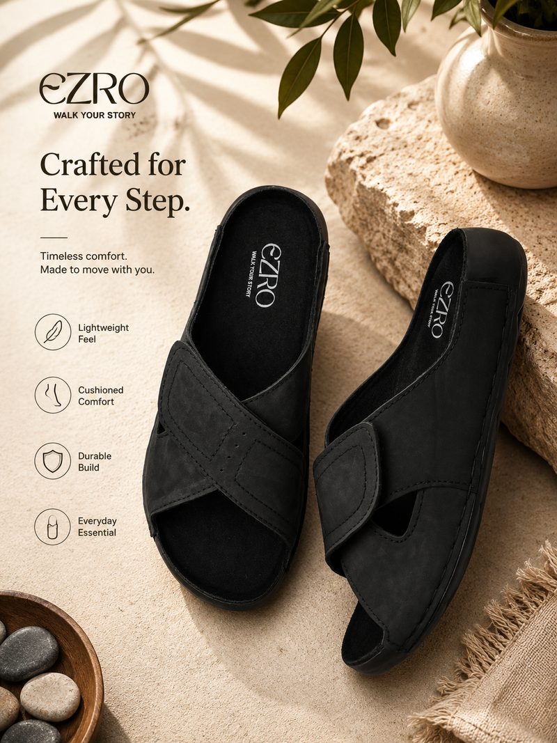 EZRO Men Black Adjustable Comfort Slippers | Lightweight Casual Slide Sandals for Everyday Wear