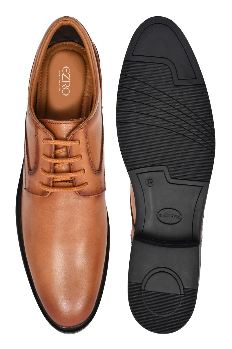 EZRO Classic Tan Leather Lace-Up Derby Shoes for Men