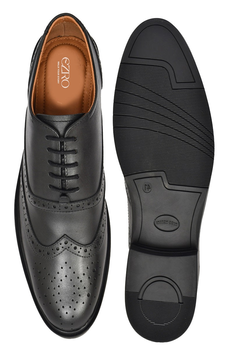 EZRO Men Black Genuine Leather Oxford Formal Shoes | Premium Wingtip Lace-Up Dress Shoes