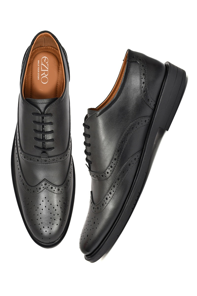 EZRO Men Black Genuine Leather Oxford Formal Shoes | Premium Wingtip Lace-Up Dress Shoes
