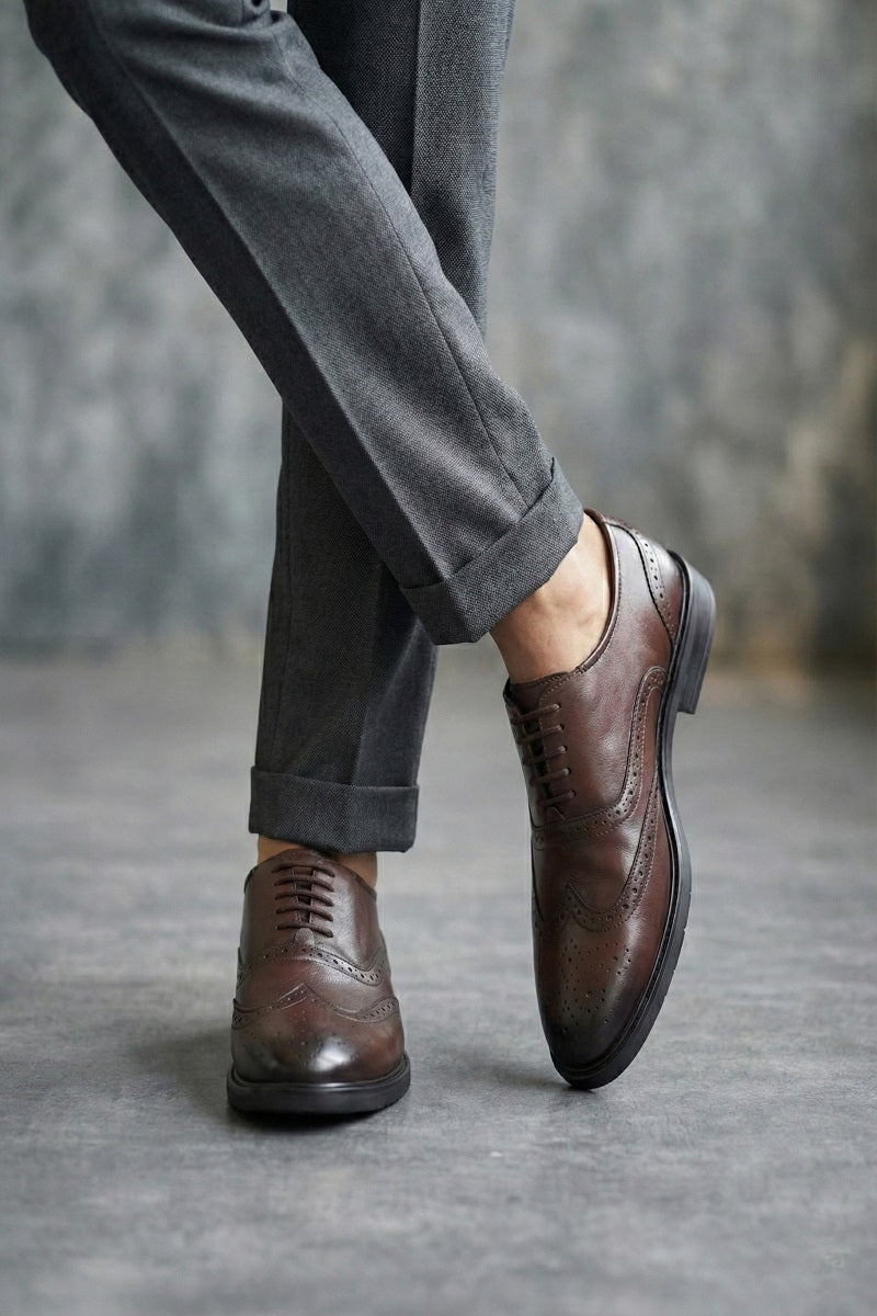 EZRO Men Premium Brown Leather Brogue Oxford Shoes for Men