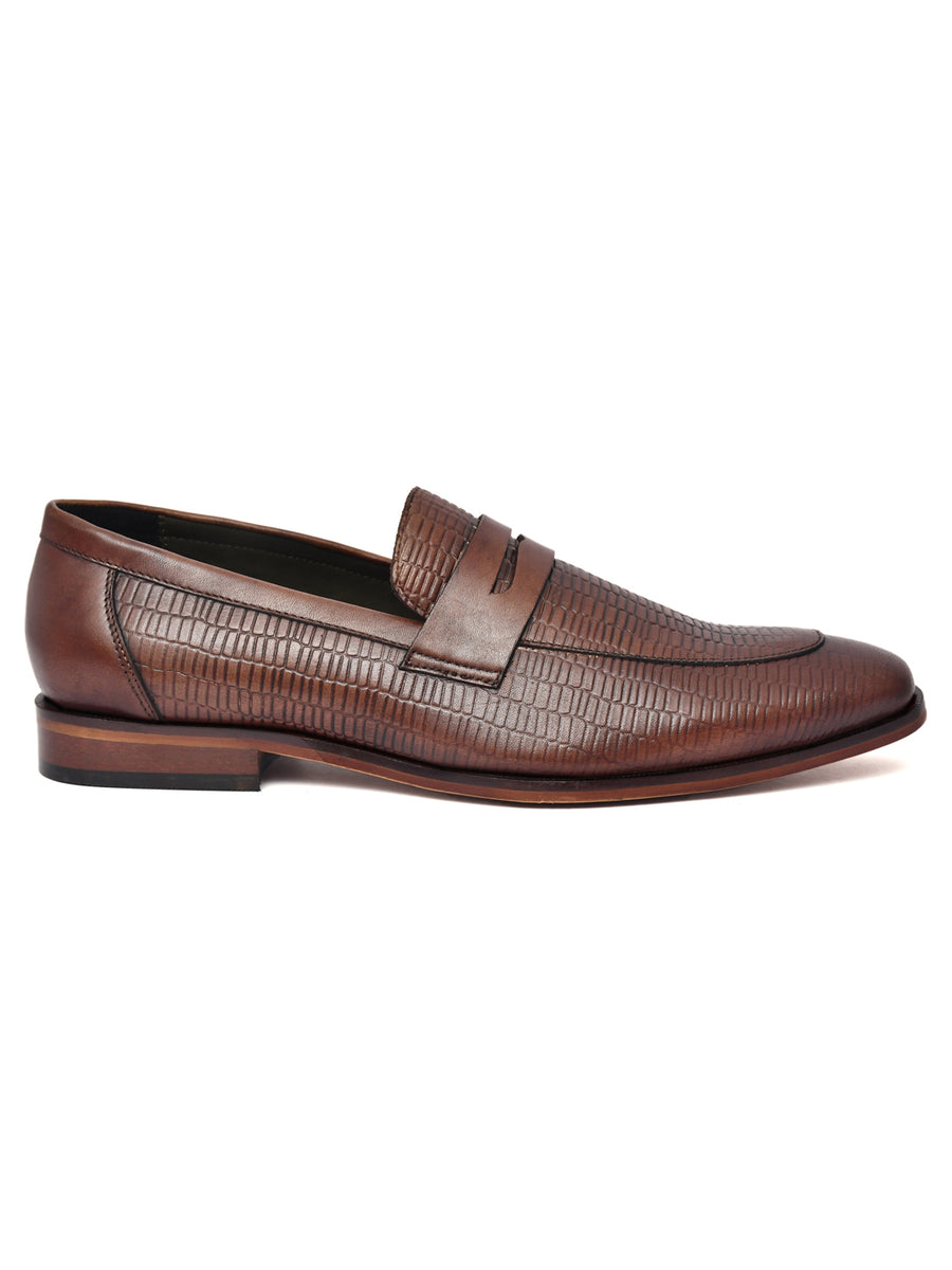 EZRO Men Premium Brown Textured Leather Penny Loafers | Slip-On Formal Dress Shoes