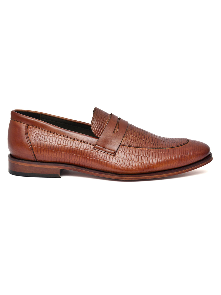 EZRO Men Premium Tan Textured Leather Penny Loafers | Slip-On Formal Dress Shoes