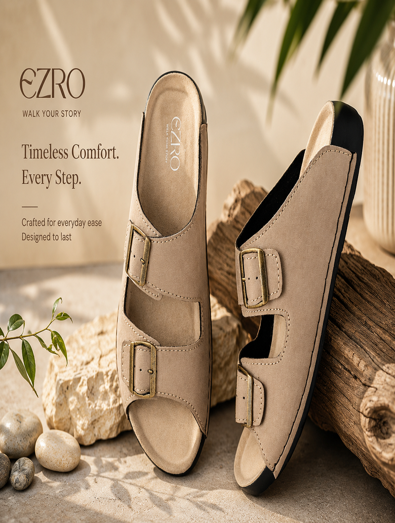 EZRO Men Beige Adjustable Double Buckle Comfort Slippers | Casual Open-Toe Slip-On Sandals