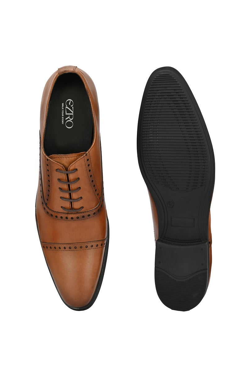 EZRO Men Premium Tan Leather Oxford Formal Shoes | Classic Cap Toe Lace-Up Dress Shoes