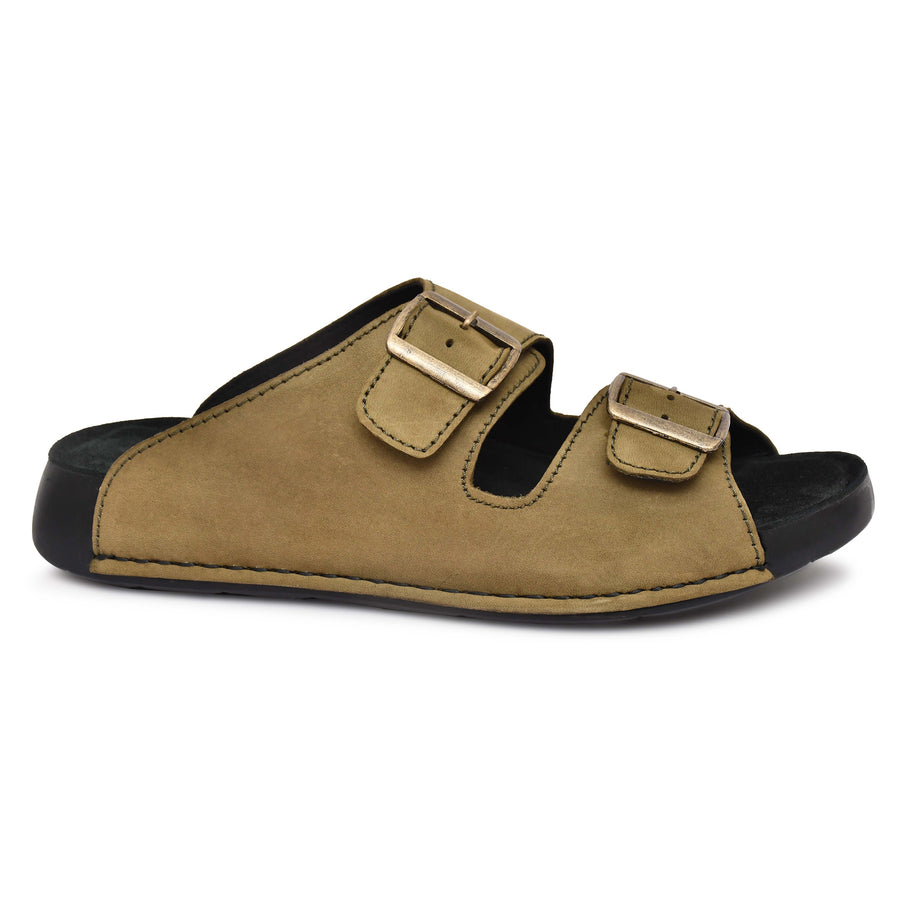 EZRO Men Olive Adjustable Double Buckle Comfort Slippers | Casual Open-Toe Slip-On Sandals