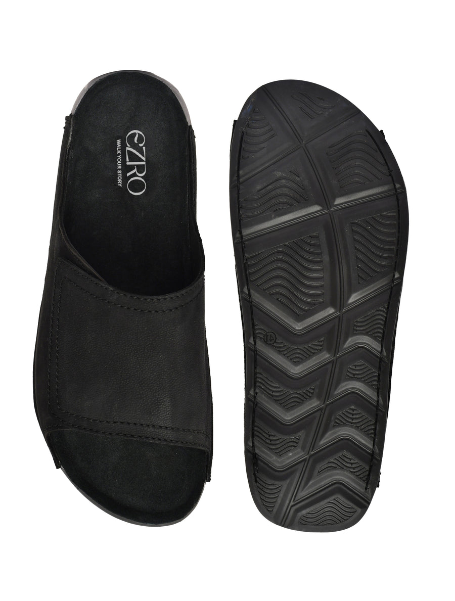 EZRO Men Black Comfort Slide Slippers | Soft Cushioned Open-Toe Slip-On Sandals for Daily Wear