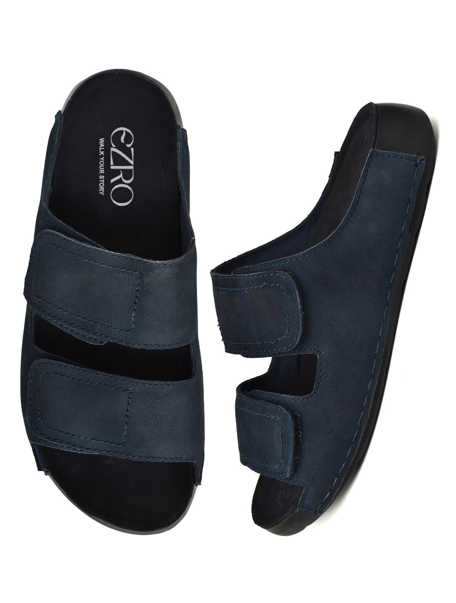 EZRO Men Navy Blue Adjustable Comfort Slippers | Premium Dual Strap Casual Slide Slippers for Indoor & Outdoor Wear