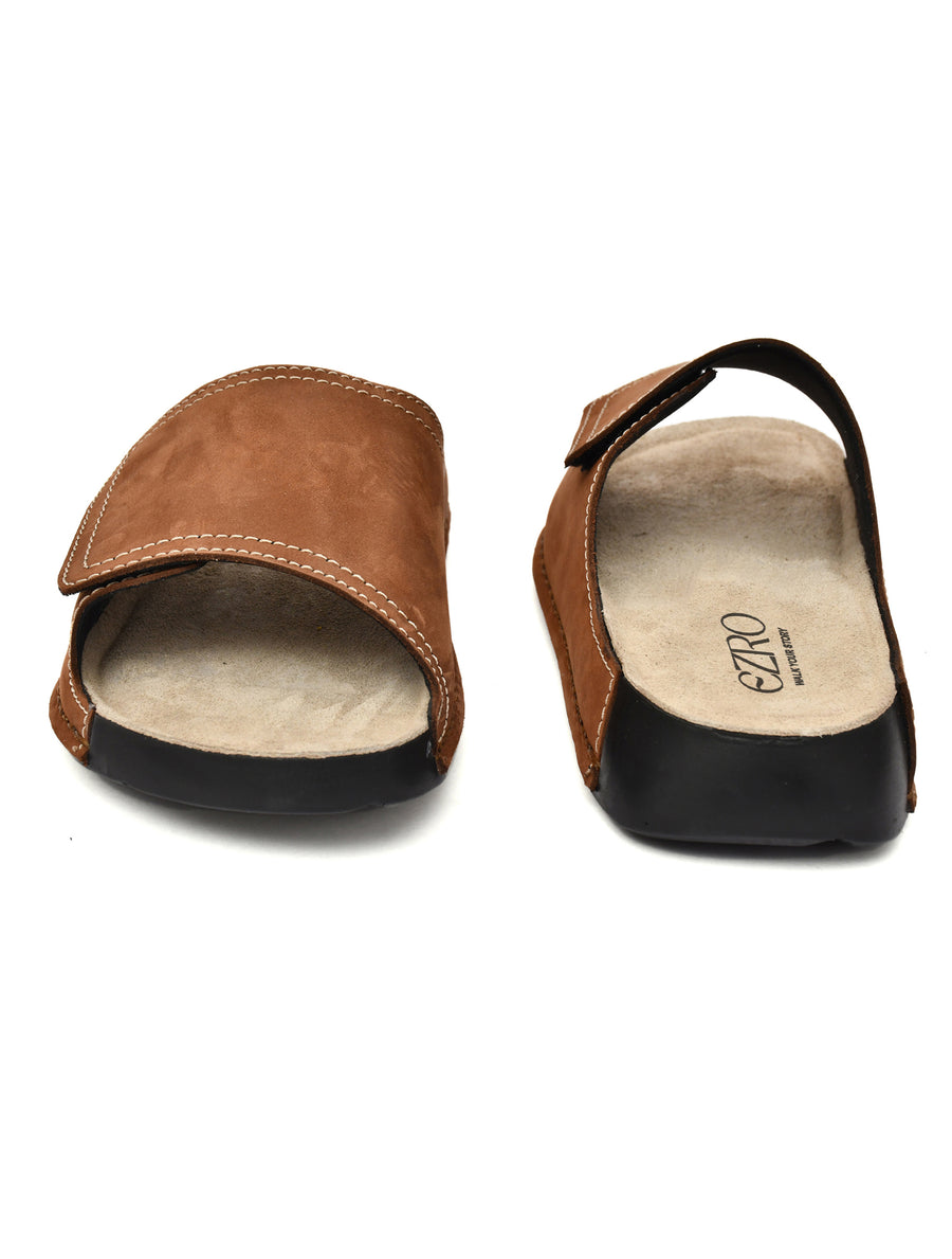 EZRO Men Tan Comfort Slide Slippers | Soft Cushioned Open-Toe Slip-On Sandals for Daily Wear