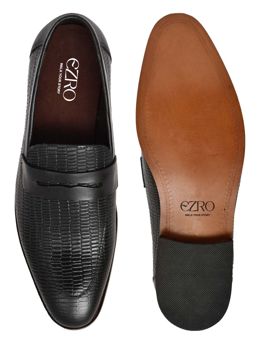 EZRO Men's Premium Black Textured Leather Penny Loafers | Slip-On Formal Dress Shoes