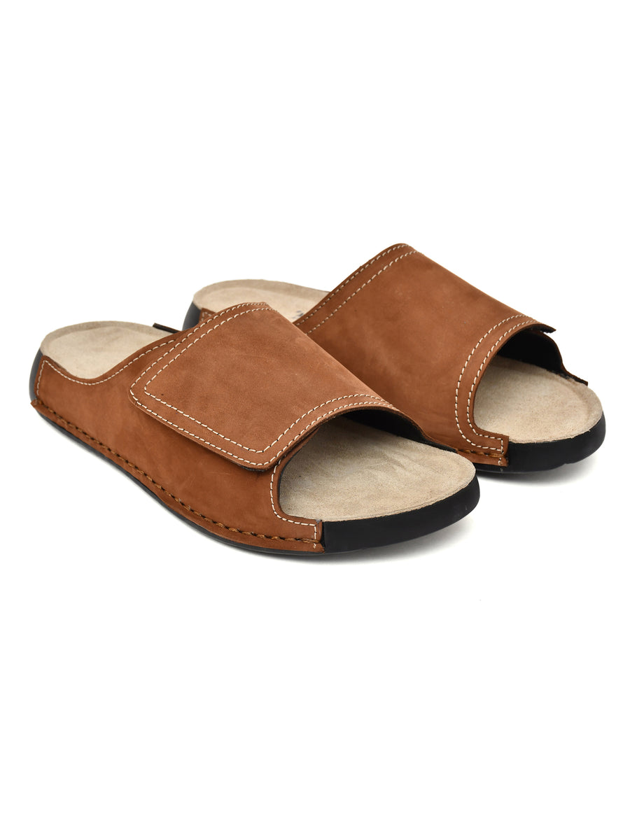 EZRO Men Tan Comfort Slide Slippers | Soft Cushioned Open-Toe Slip-On Sandals for Daily Wear