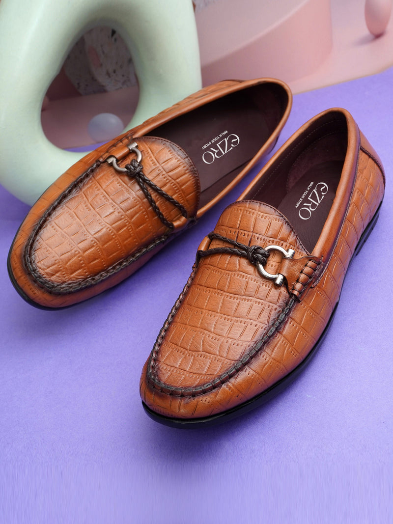 EZRO Men Tan Crocodile Texture Horsebit Loafers | Premium Slip-On Formal & Casual Driving Shoes