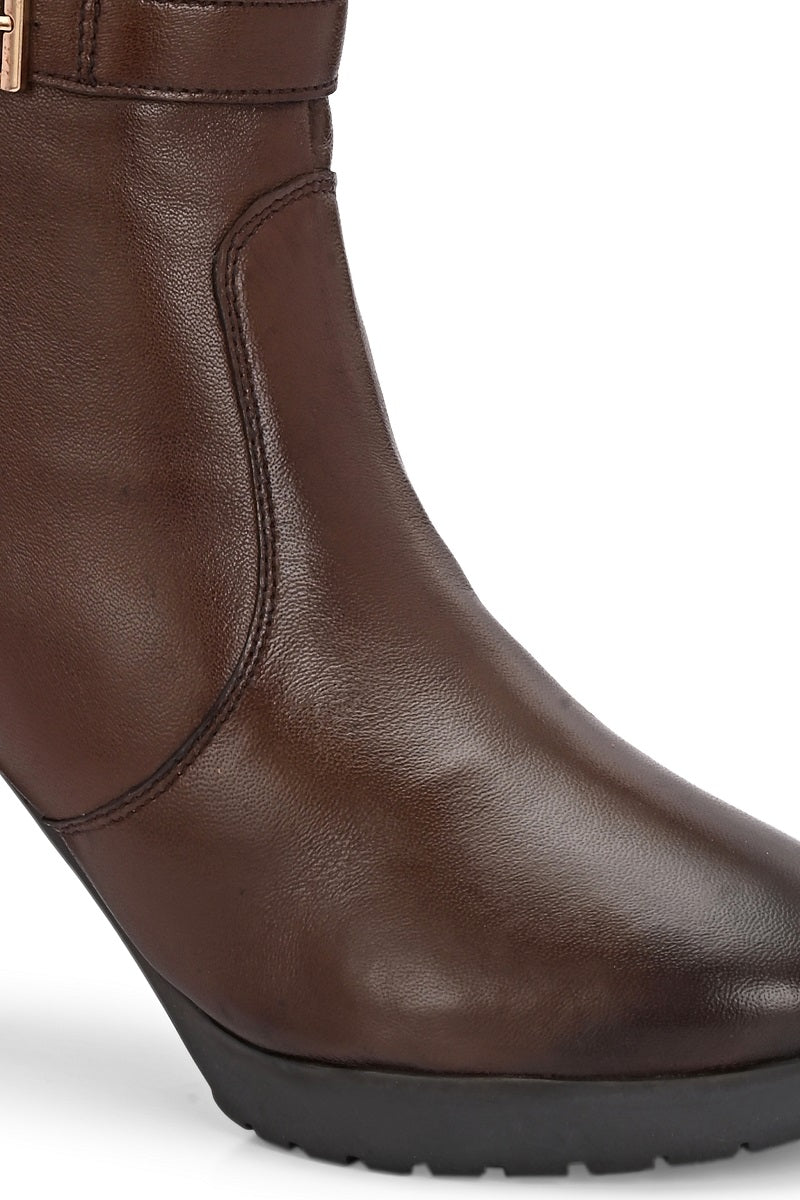 EZRO Women’s Tan Genuine Leather Knee-High Boots with Block Heel & Buckle Detail