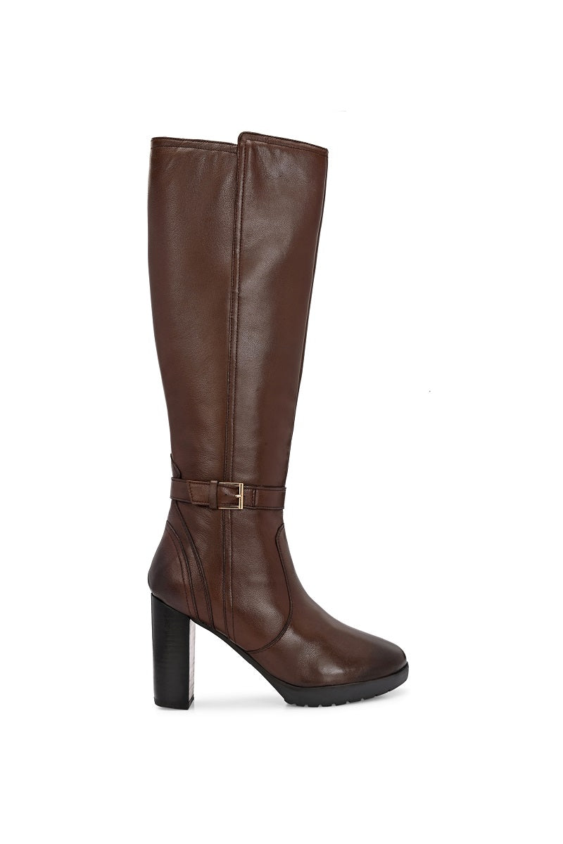 EZRO Women’s Tan Genuine Leather Knee-High Boots with Block Heel & Buckle Detail