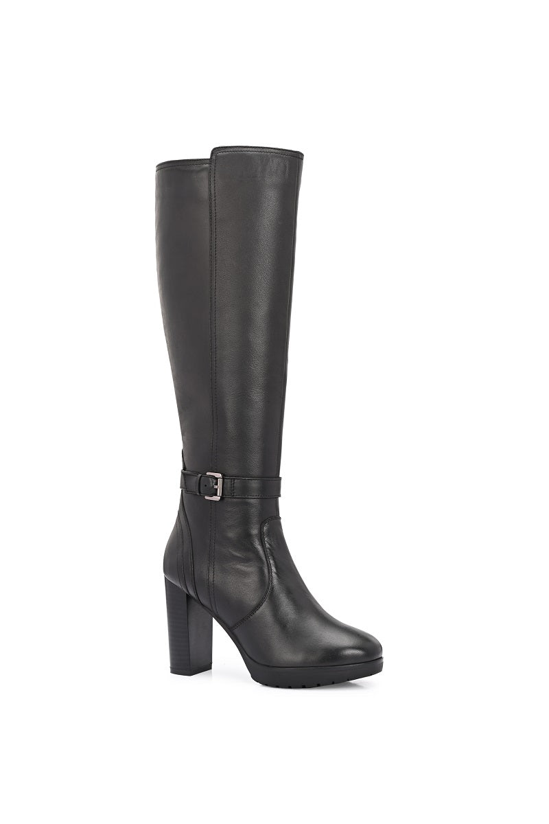 EZRO Women’s Genuine Leather Knee-High Boots with Block Heel & Buckle Detail