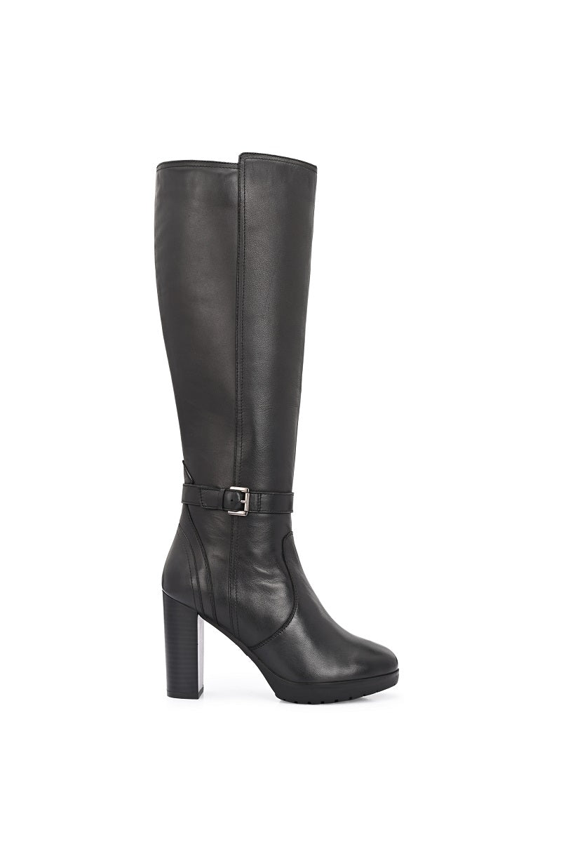 EZRO Women’s Genuine Leather Knee-High Boots with Block Heel & Buckle Detail
