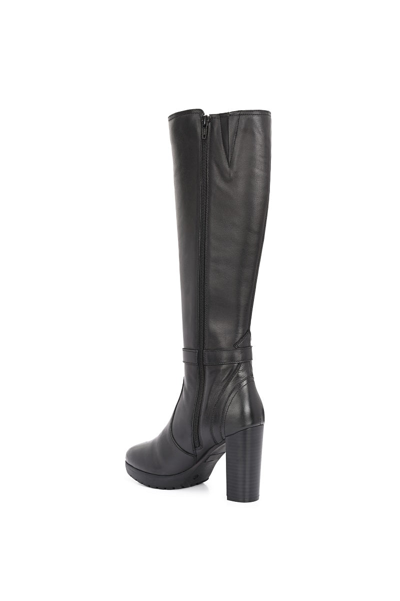 EZRO Women’s Genuine Leather Knee-High Boots with Block Heel & Buckle Detail