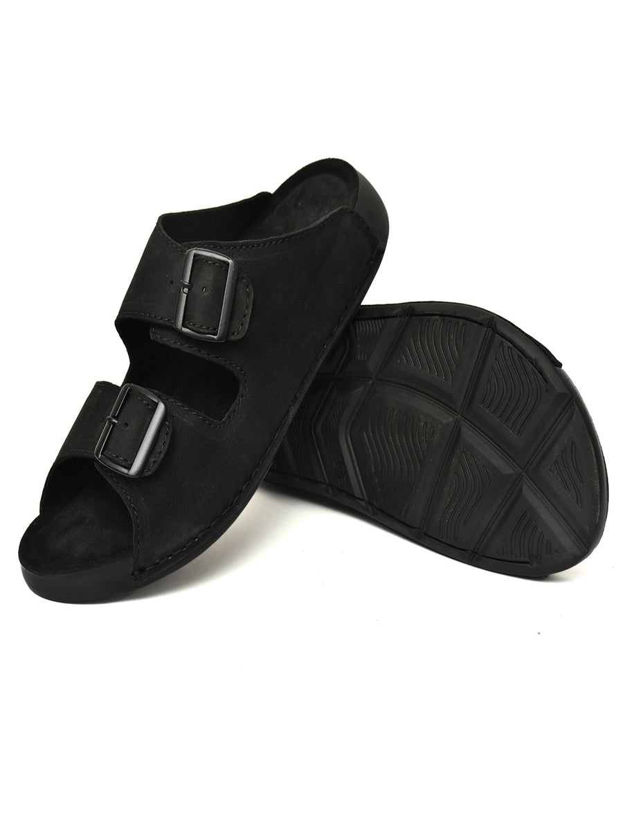 EZRO Men Black Adjustable Double Buckle Comfort Slippers | Casual Open-Toe Slip-On Sandals