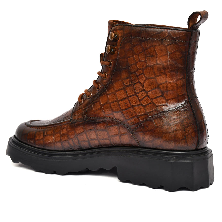 EZRO Men Tan Crocodile Texture Combat Boots | Premium Lace-Up Ankle Boots for Casual, Biker & Outdoor Wear
