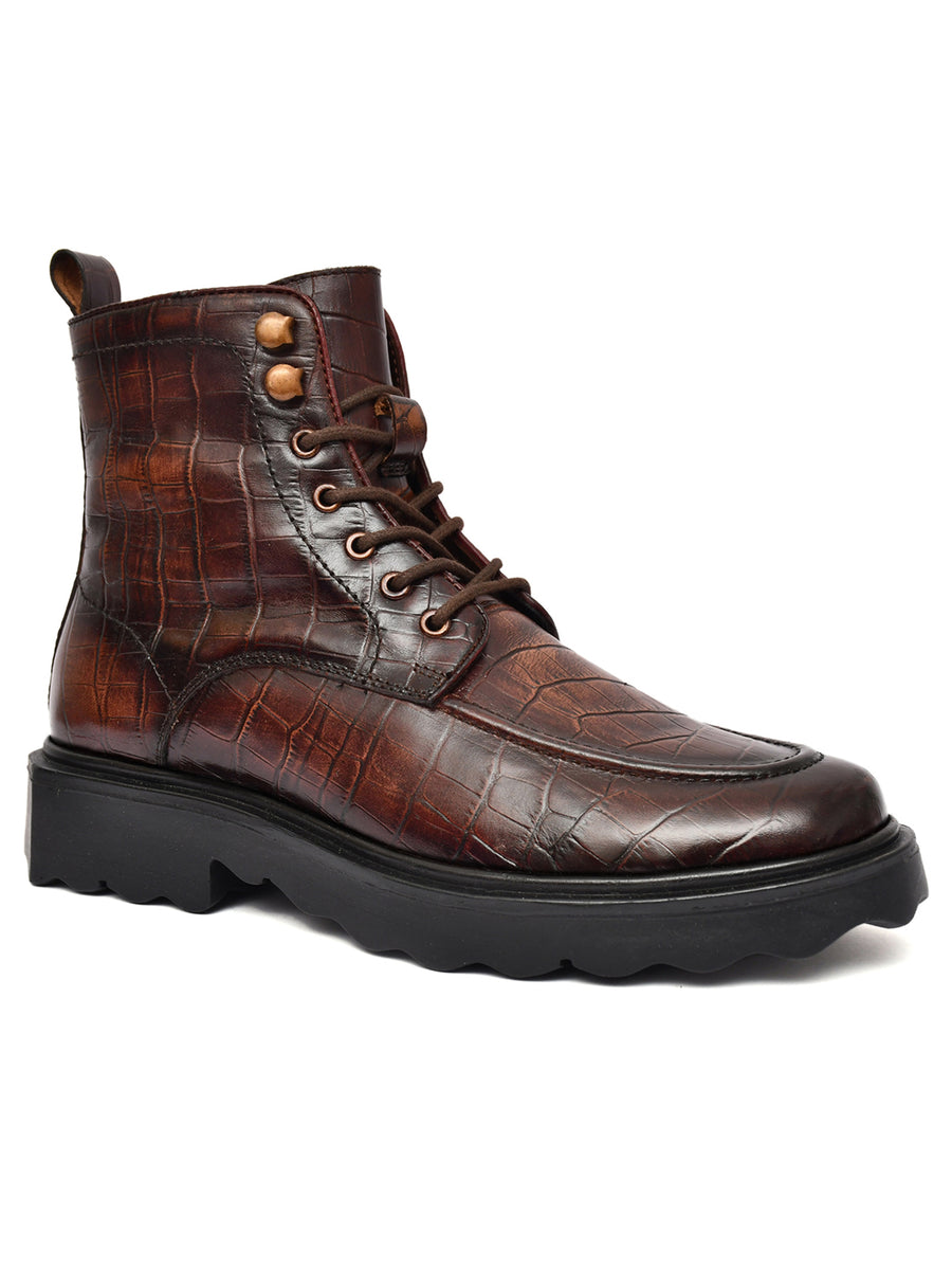 EZRO Men Brown Crocodile Texture Combat Boots | Premium Lace-Up Ankle Boots for Casual, Biker & Outdoor Wear