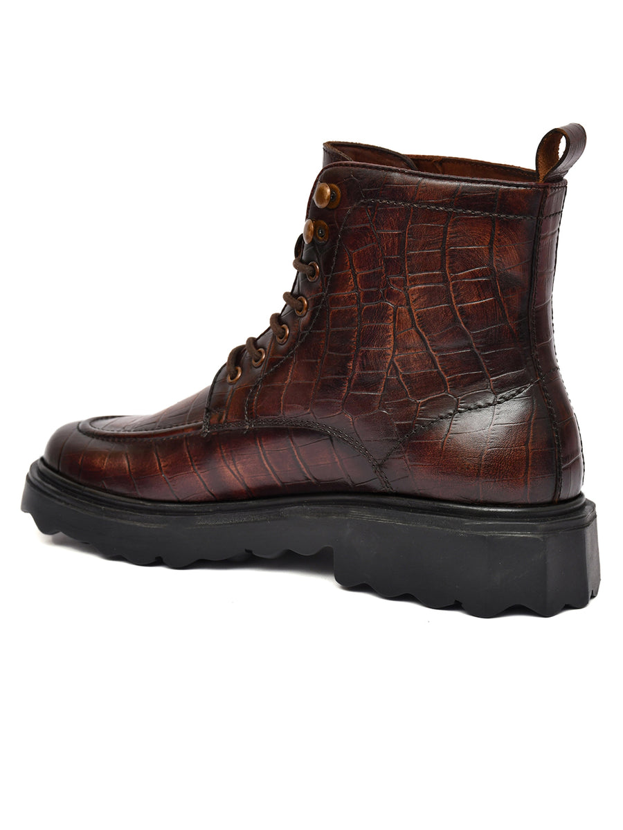 EZRO Men Brown Crocodile Texture Combat Boots | Premium Lace-Up Ankle Boots for Casual, Biker & Outdoor Wear