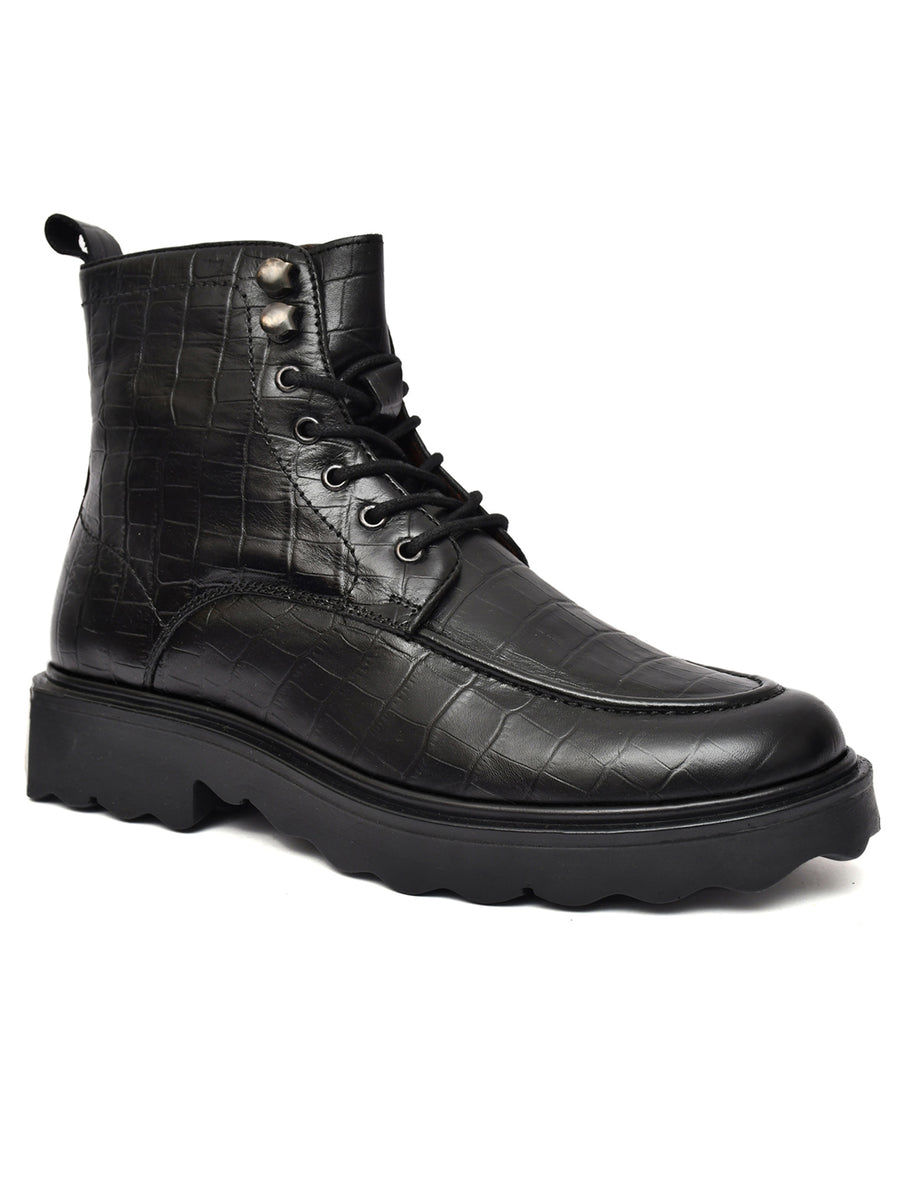 EZRO Men Black Crocodile Texture Combat Boots | Premium Lace-Up Ankle Boots for Casual, Biker & Outdoor Wear