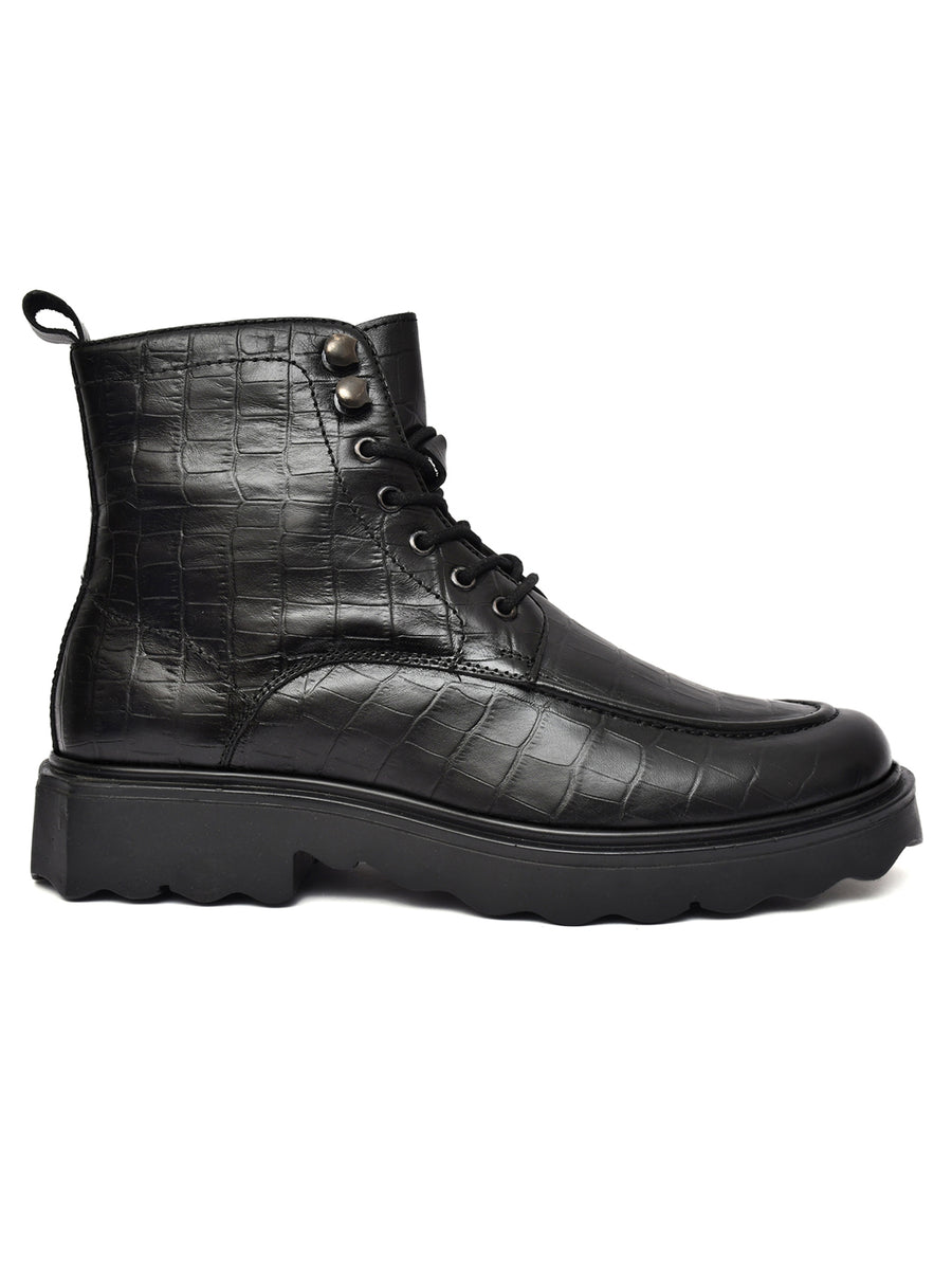 EZRO Men Black Crocodile Texture Combat Boots | Premium Lace-Up Ankle Boots for Casual, Biker & Outdoor Wear