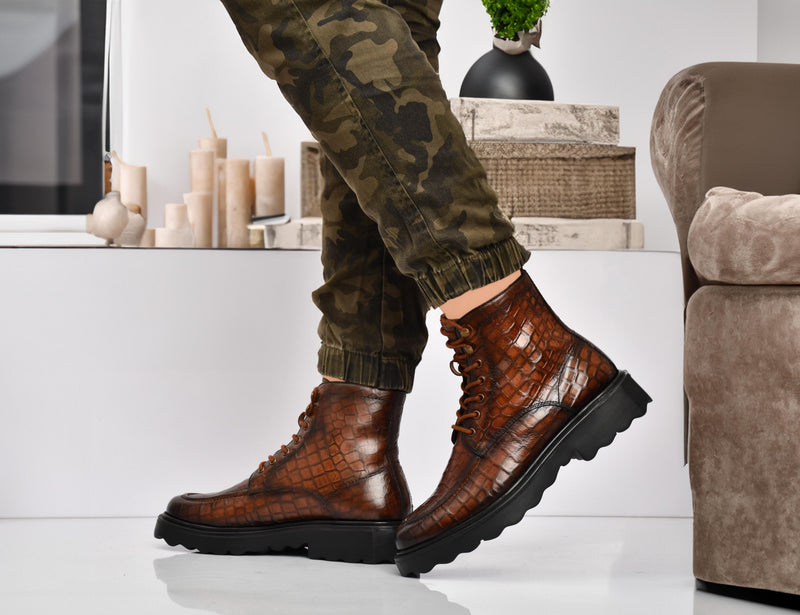 EZRO Men Tan Crocodile Texture Combat Boots | Premium Lace-Up Ankle Boots for Casual, Biker & Outdoor Wear