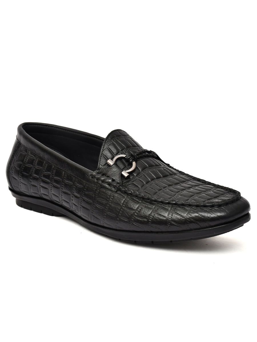 EZRO Men Black Crocodile Texture Horsebit Loafers | Premium Slip-On Formal & Casual Driving Shoes