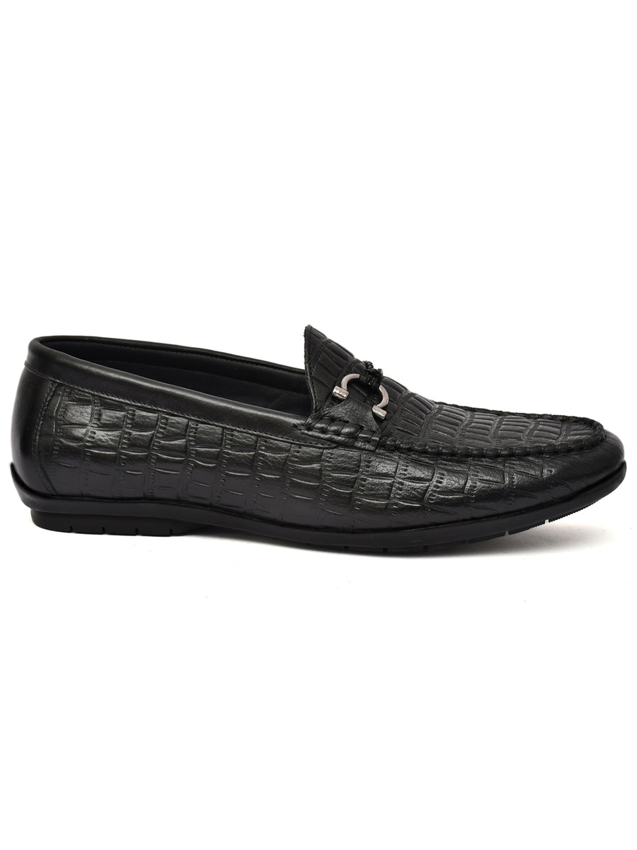 EZRO Men Black Crocodile Texture Horsebit Loafers | Premium Slip-On Formal & Casual Driving Shoes