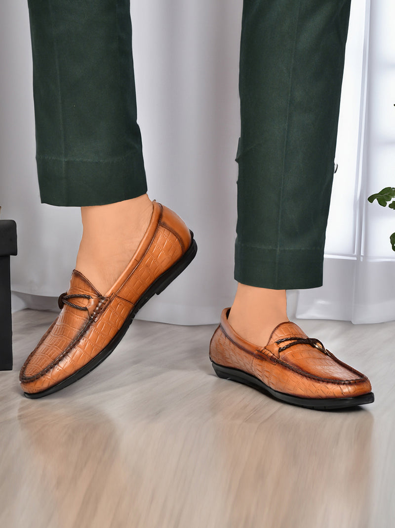 EZRO Men Tan Crocodile Texture Horsebit Loafers | Premium Slip-On Formal & Casual Driving Shoes