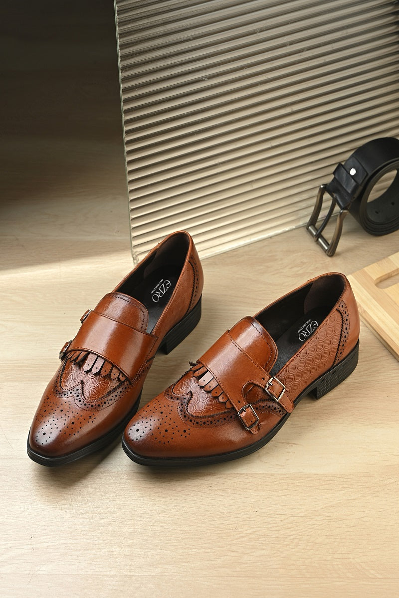 EZRO Men Tan Double Monk Strap Brogue Dress Shoes with Kiltie Fringe