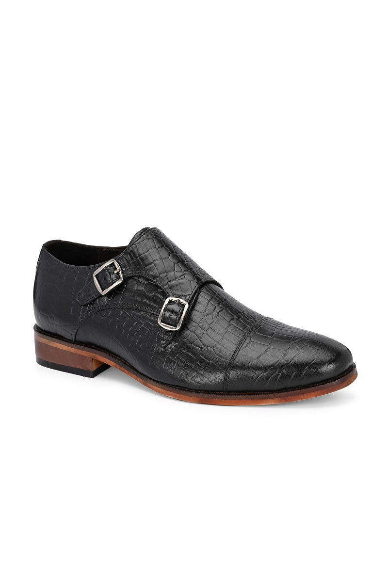 EZRO Men Black Double Monk Strap Formal Shoes | Croc Texture Leather Dress Shoes for Office & Wedding