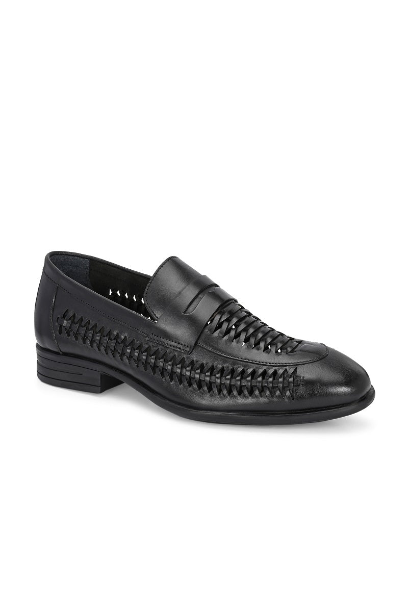 EZRO Men Premium Handwoven Black Leather Penny Loafers | Classic Slip-On Formal Shoes