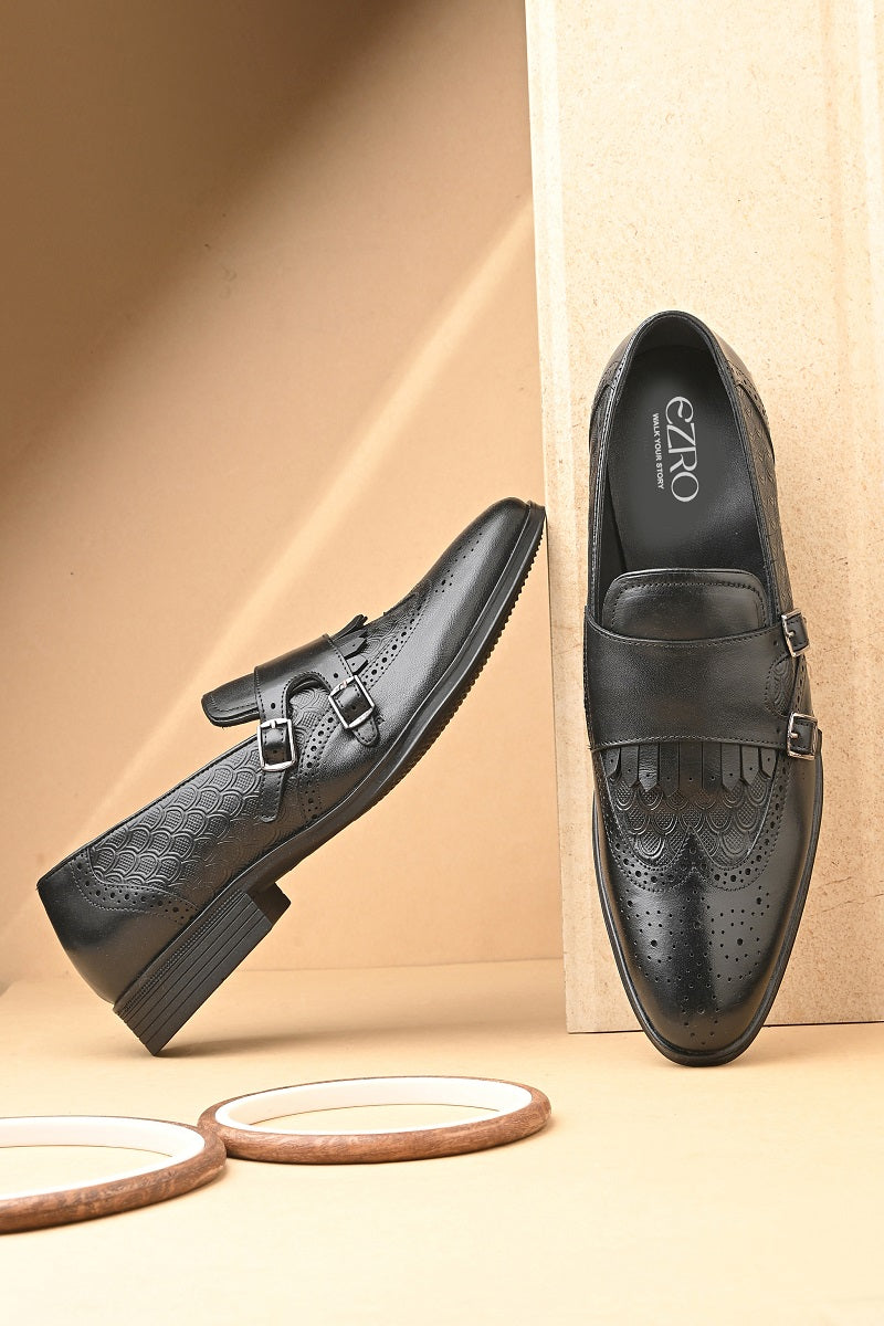 EZRO Men Black Double Monk Strap Brogue Dress Shoes with Kiltie Fringe
