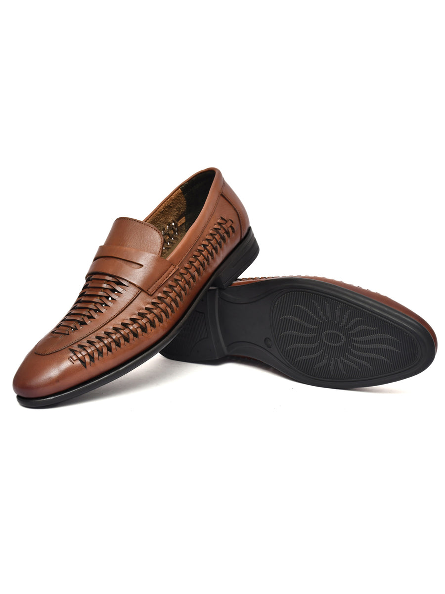 EZRO Men Premium Handwoven Tan Leather Penny Loafers | Classic Slip-On Formal Shoes