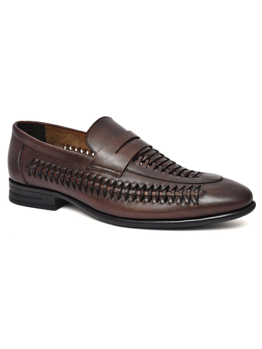 EZRO Men Premium Handwoven Brown Leather Penny Loafers | Classic Slip-On Formal Shoes