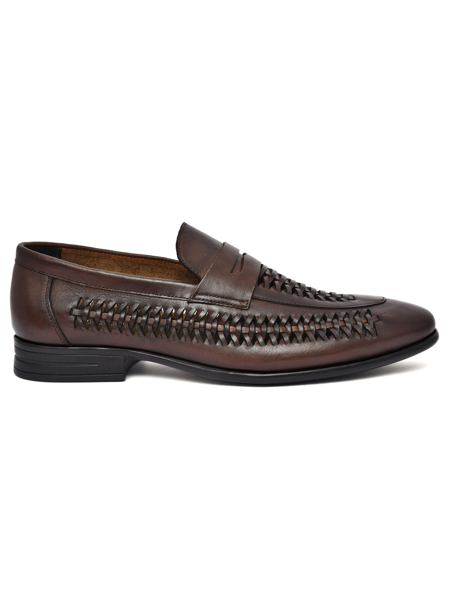 EZRO Men Premium Handwoven Brown Leather Penny Loafers | Classic Slip-On Formal Shoes