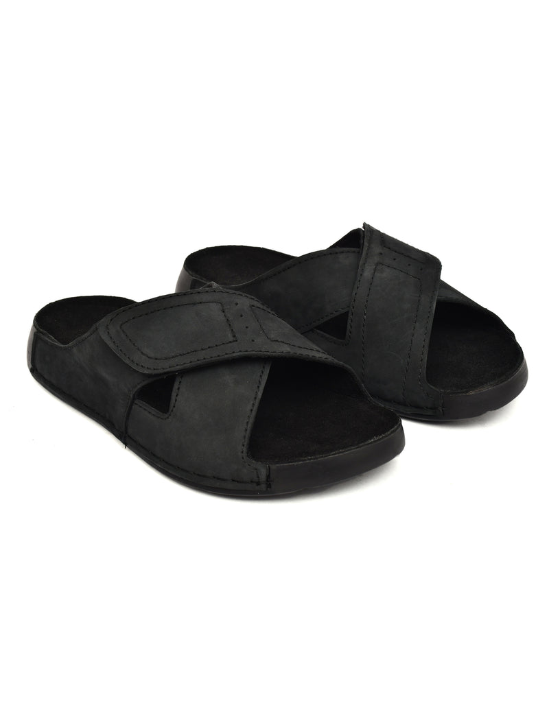 EZRO Men Black Adjustable Comfort Slippers | Lightweight Casual Slide Sandals for Everyday Wear