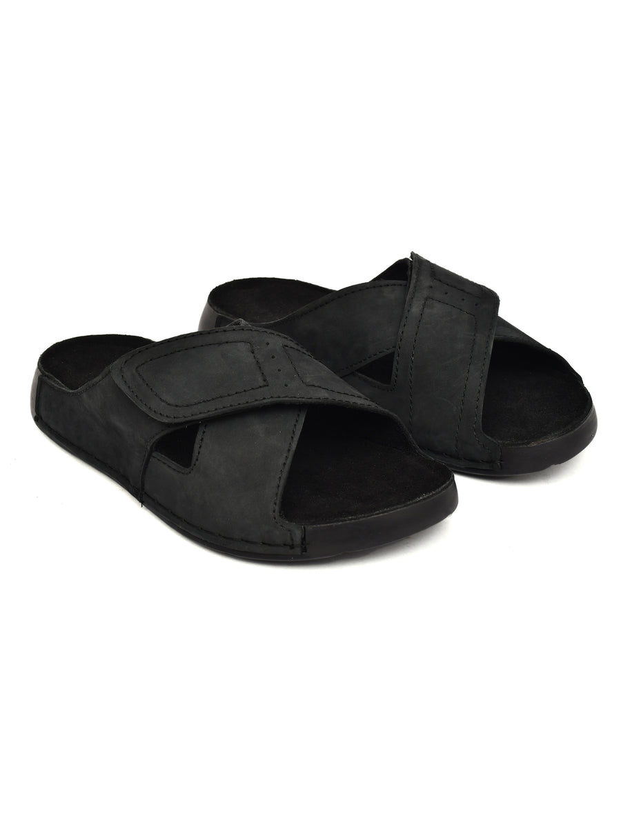 EZRO Men Black Adjustable Comfort Slippers | Lightweight Casual Slide Sandals for Everyday Wear