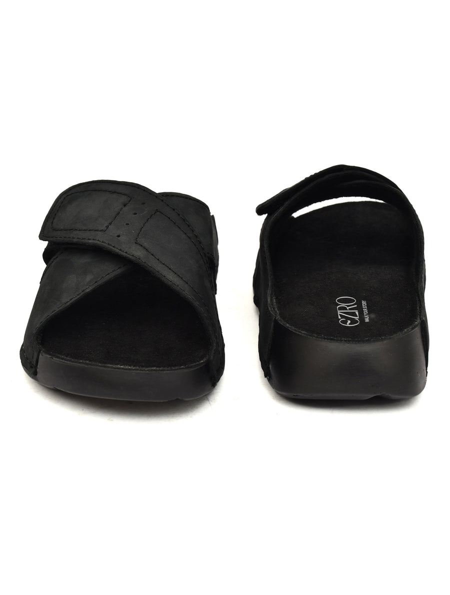 EZRO Men Black Adjustable Comfort Slippers | Lightweight Casual Slide Sandals for Everyday Wear
