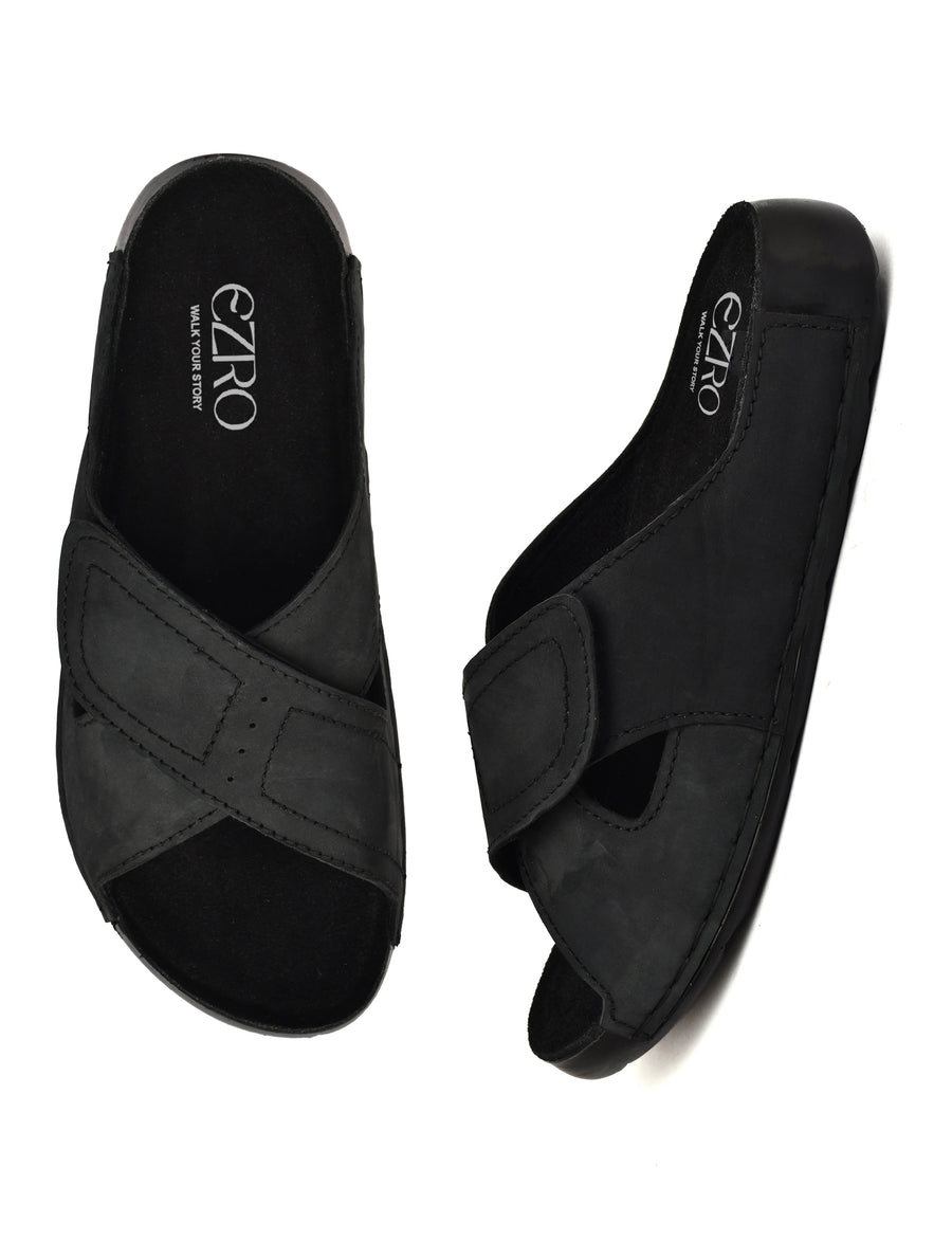 EZRO Men Black Adjustable Comfort Slippers | Lightweight Casual Slide Sandals for Everyday Wear