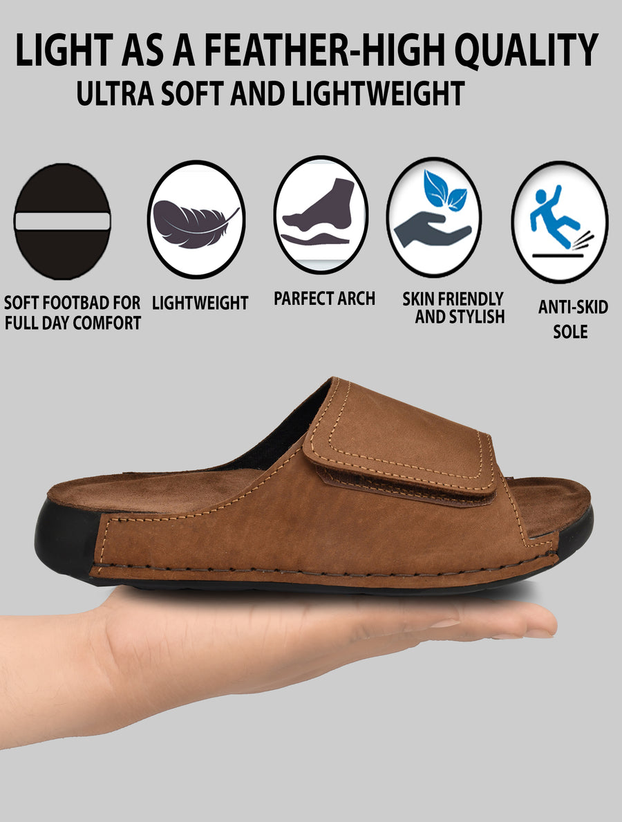 EZRO Men Brown Comfort Slide Slippers | Soft Cushioned Open-Toe Slip-On Sandals for Daily Wear