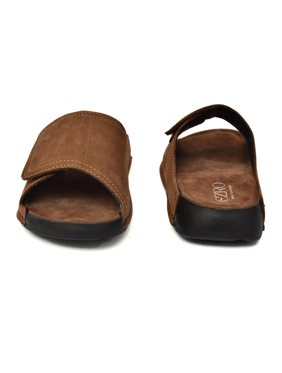 EZRO Men Brown Comfort Slide Slippers | Soft Cushioned Open-Toe Slip-On Sandals for Daily Wear